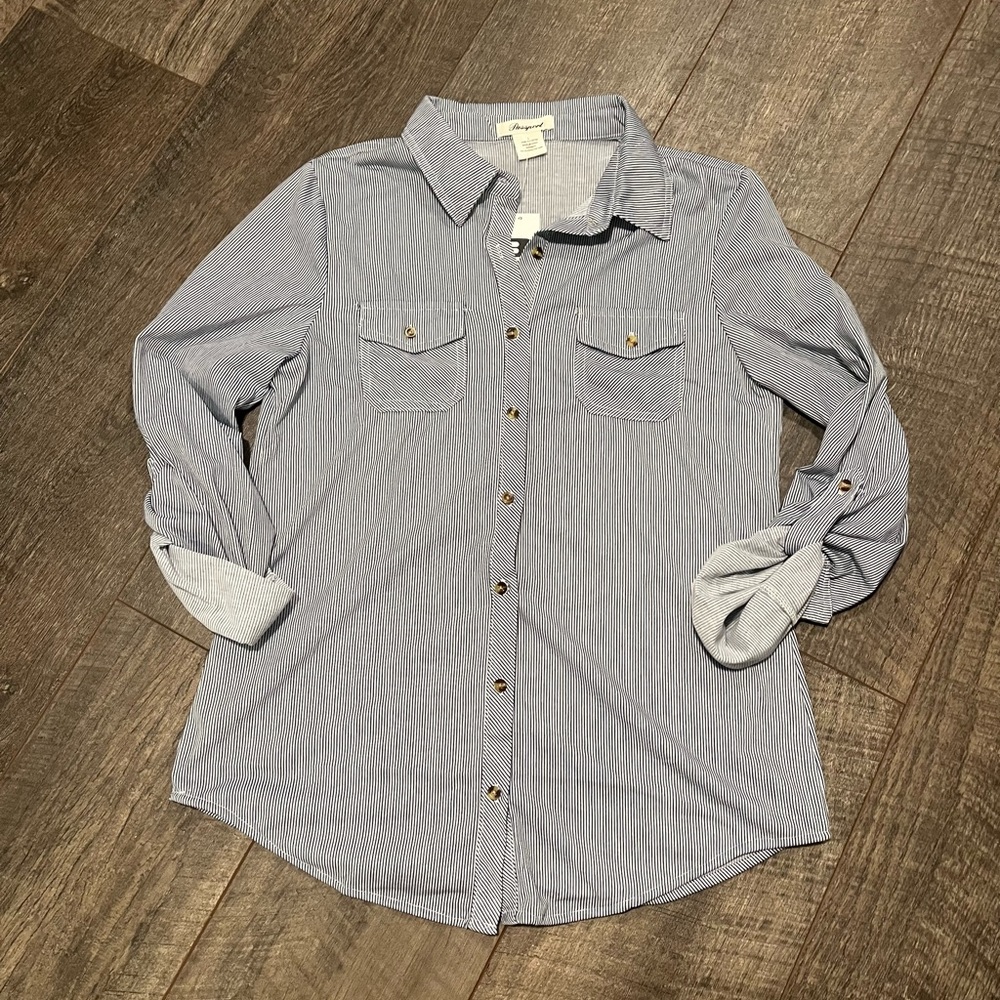 NWT Womens Passport Navy/Striped Button Up